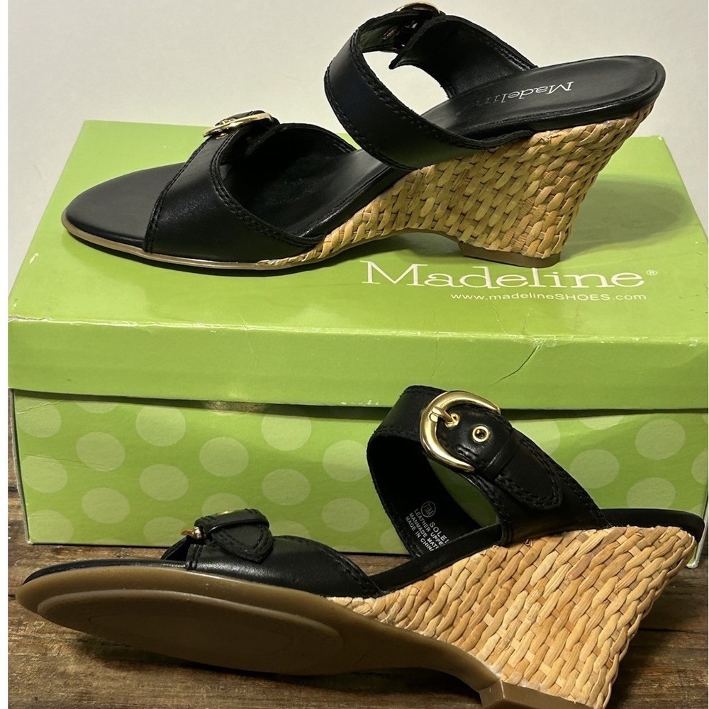Madeline Soleil Sandals Black Leather Woven Straw Wedge Gold Buckle Slides 7.5M